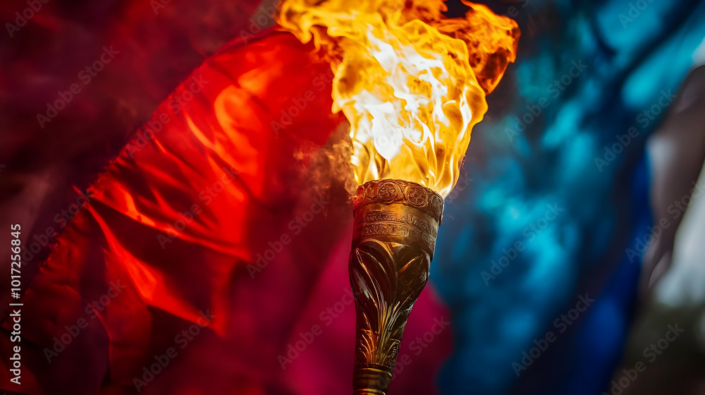 Poster a flaming torch in front of colorful fabric, symbolizing passion.