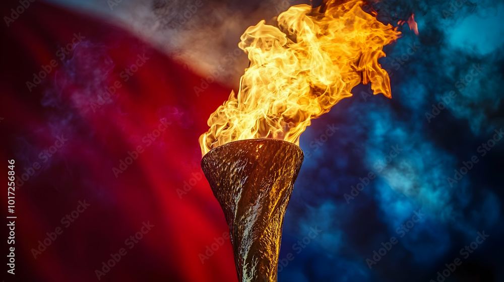 Poster a flaming torch against a colorful backdrop symbolizing unity.