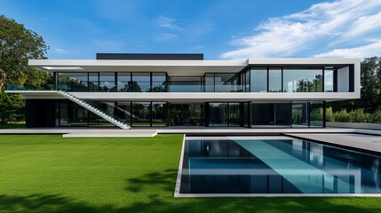 Obraz premium modern, luxurious house with sleek architecture, large glass windows, and an outdoor pool. The building design is minimalistic, with a focus on clean lines and open spaces