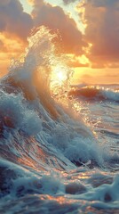 Naklejka premium Golden Hour Ocean Wave: A Serene Sunset Landscape