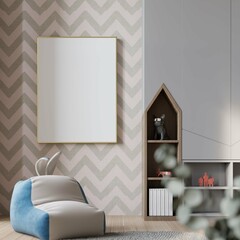 cute kids bedroom with blank poster frame. 3D Rendering	
