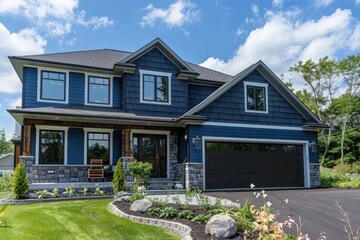 A large blue house with a black garage door, generative ai image