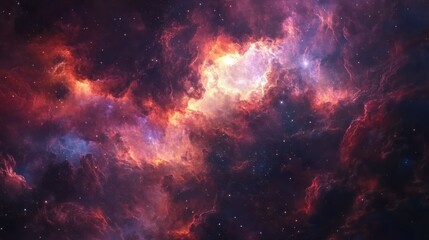 Obraz premium A nebula in deep space, with swirling clouds of red and purple gas illuminated by distant stars.