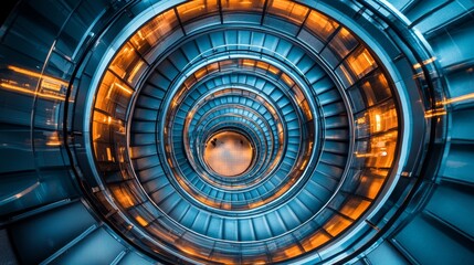 Naklejka premium A futuristic circular metro station, escalators arranged in a perfect spiral, trains arriving in synchronized motion, glass and steel architecture glowing with ambient light