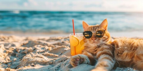 Cat Relaxing on Sandy Beach with Refreshing Citrus Beverage, Ocean Background for Advertising, Summer, Leisure Concept