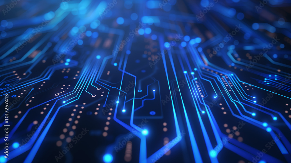 Poster 3d abstract futuristic technology background with thin glowing neon laser blue lines on circuit boar