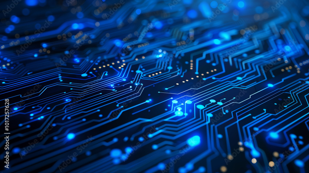 Poster 3d abstract futuristic technology background with thin glowing neon laser blue lines on circuit boar
