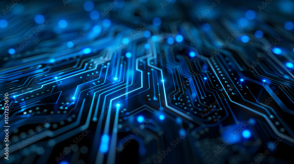 Poster 3d abstract futuristic technology background with thin glowing neon laser blue lines on circuit boar
