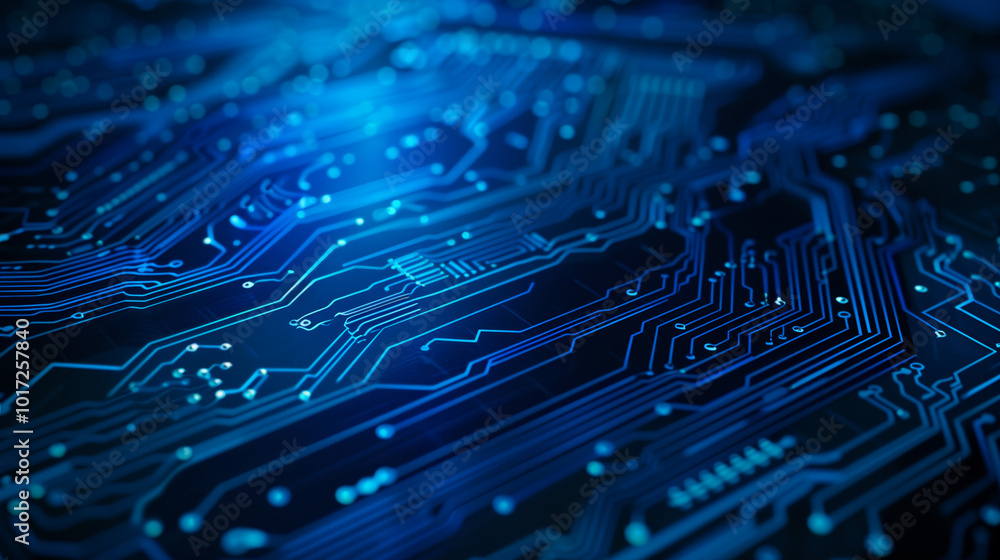 Poster 3d abstract futuristic technology background with thin glowing neon laser blue lines on circuit boar