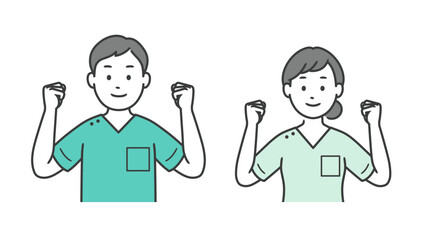 両手でガッツポーズをする歯科医男女の上半身イラスト