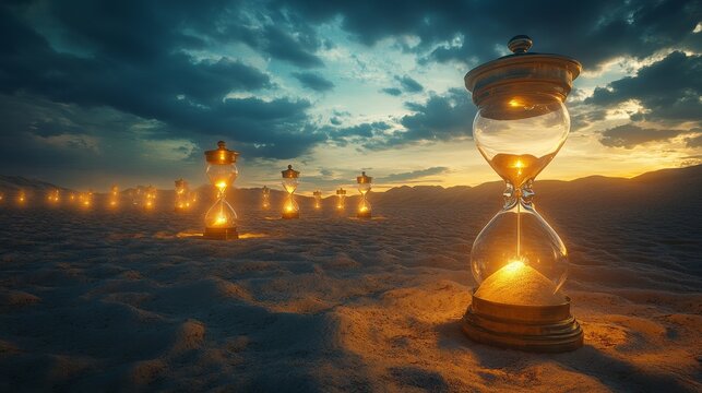 Vast desert with massive floating hourglasses pouring sand, glowing clocks blooming from the ground, surreal time concept in a barren landscape
