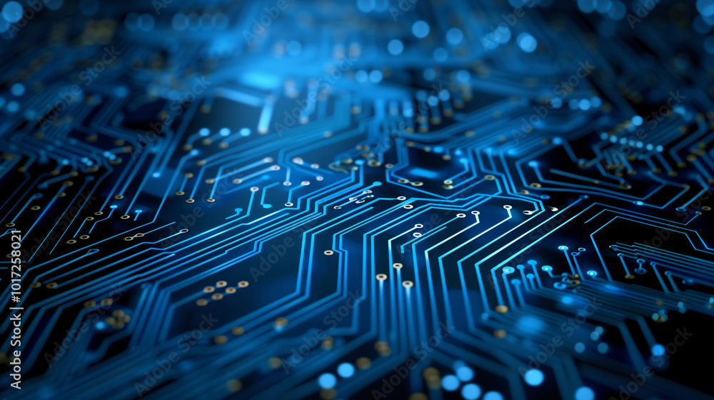 Poster 3d abstract futuristic technology background with thin glowing neon laser blue lines on circuit boar