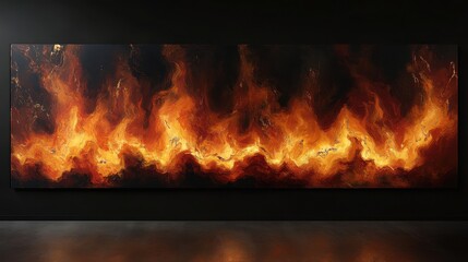 Fototapeta premium Majestic Large-Scale Abstract Fire Display on Elegant Dark Wall: Stunning Visual Art Installation Radiating Warmth and Energy