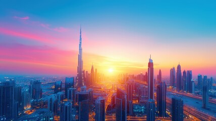 Fototapeta premium Urban Twilight: Bustling City Skyline with Glowing Skyscrapers - Ideal Banner Background