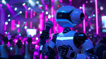 Fototapeta premium 3d abstract cartoon friendly assistant Futuristic robot DJ plays music with headphones and microphone in club with neon glowing bright pink purple lights. Cyber human cyborg AI background. Party night