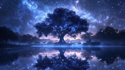 Obraz premium A giant tree made of shimmering glass, with its branches extending into the sky and turning into rivers of stars. Below, animals made of mist wander through a forest of mirrors