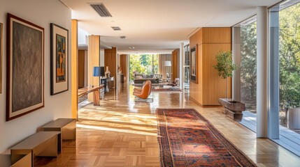A parquet floor hallway lined with art, leading to a large, open living area with natural light.