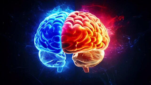 Human brain with right creative hemisphere and left logical hemisphere. AI medical, technological and scientific concept