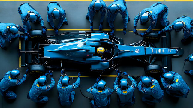 A Formula 1 pit stop with a team working on a race car.