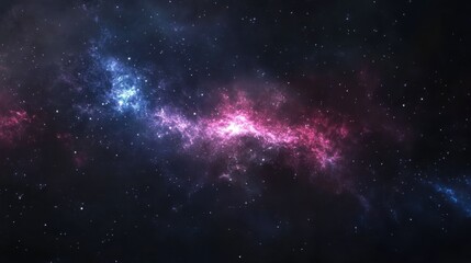A peaceful nebula scene with soft pink and blue gases glowing faintly in the darkness of space.