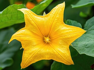 Vibrant Yellow Pumpkin Flower with Star Shaped Petals and Green Leaf Background