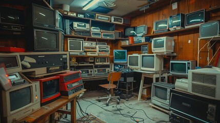 Fototapeta premium A Collection of Vintage Televisions and Electronics in a Retro Room