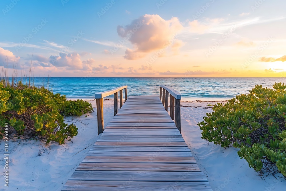 Poster A serene beach scene featuring a wooden walkway leading to the ocean at sunset, surrounded by lush greenery.