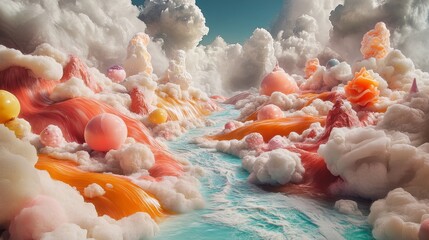 A surreal chocolate landscape with rivers of flowing liquid cocoa, floating candy islands, and virtual clouds made of whipped cream, Dreamlike, Avant-garde, 3D Render