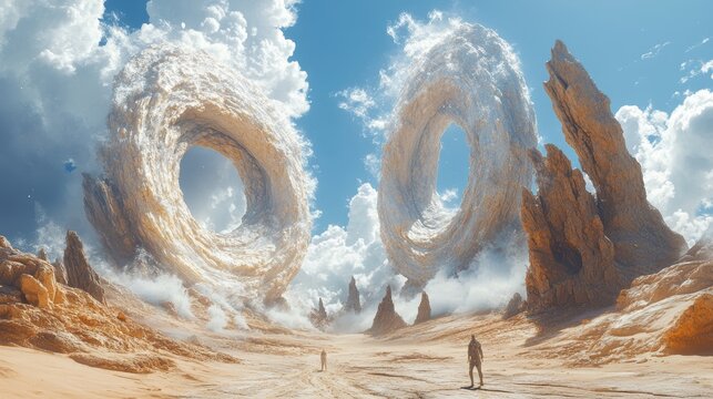 A desert where the sand forms towering spirals, and giant hands reach up from the ground, Surreal, Fantasy, Muted Earth Tones, Dreamy, Highly Detailed