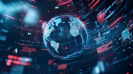 Obraz premium Digital globe surrounded by policy documents, representing global economic governance concept.