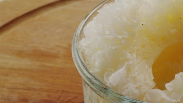 Tremella fermented salted Jamur salju or snow fungus, white colored fungi for food and medicine, popular in China and also Chinese cuisine. 
