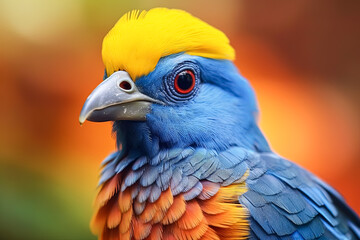 Obraz premium Bird with a blue head and orange feathers.