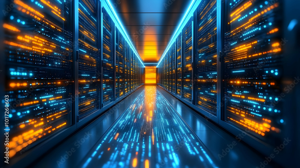 Poster a futuristic data center with illuminated server racks.