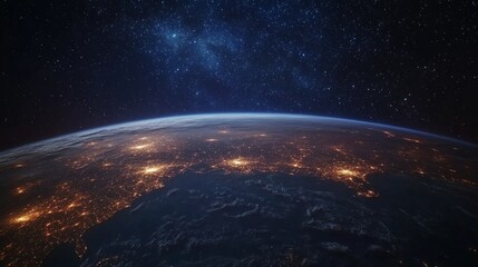 Fototapeta premium Photorealistic Earth from space with city lights glowing at night, with the Milky Way galaxy in the starry sky.