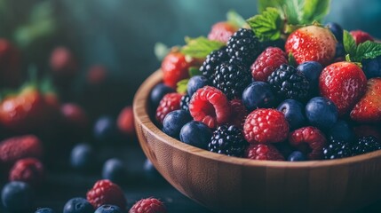 Colorful berries in wooden bowl, antioxidant-rich, promotes brain health.