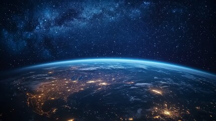 Obraz premium Photorealistic Earth from space with city lights glowing at night, with the Milky Way galaxy in the starry sky.
