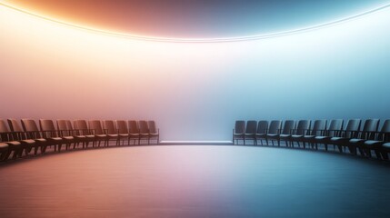 A minimalist circular theater with a clean white rotating stage, surrounded by sleek black chairs in a ring, illuminated by soft blue and white lighting
