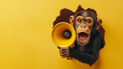 Portrait of a funny monkey with a megaphone a banner for an advertising copy space.