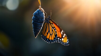 Butterfly emerging from chrysalis symbolizes transformation, new beginnings.