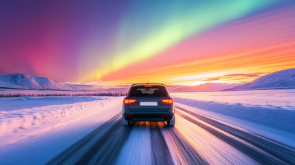 Fototapeta premium Car driving on a snowy road, at the night, beautiful aurora colors in the night winter sky. The winter landscape northern light.
