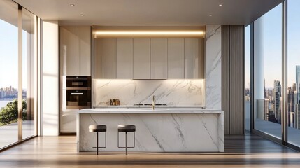 A sleek kitchen with a white marble backsplash, modern appliances, and ample natural lighting.