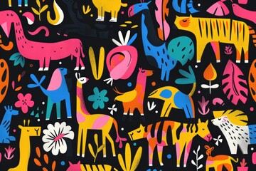 Obraz premium A colorful drawing of cats and other animals in a jungle setting,generative ai image