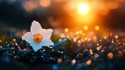 Freshly bloomed flower in dewy meadow symbolizes renewal and new beginnings.