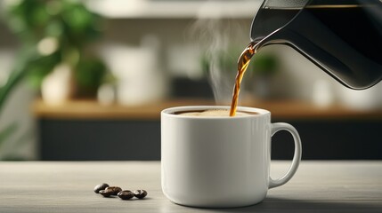 Pouring freshly brewed coffee into a mug on a Monday morning, essential morning ritual.