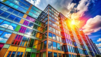 Modern Building Windows with Unique Design Reflecting Cityscape and Sky on a Sunny Day