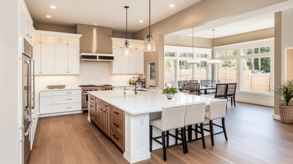 A spacious kitchen with glossy white cabinets, a large island, and bright natural light.