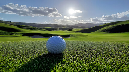 A golf ball on lush green grass with a scenic landscape backdrop.