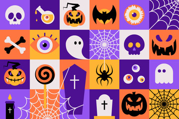 Geometric Happy Halloween Banner. Trick or Treat. Cute scary Party, Horror Holiday design concept. Vector Illustration in minimalist flat style. Sticker icons set or seamless pattern