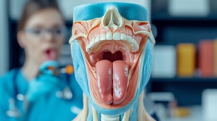 Anatomy of human tongue muscles and taste buds ENT specialist with imaging tools medical office with tongue models
