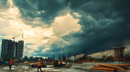 48. A dramatic sky over a construction site, with dark clouds rolling in and workers rushing